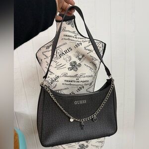 Guess Black Logo-Print Shoulder Bag with Silver Chain Charms